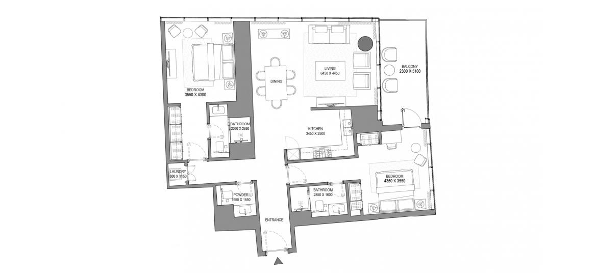 Планировка апартаментов «2BR TYPE C» 2 спальни в ЖК SOBHA SEAHAVEN